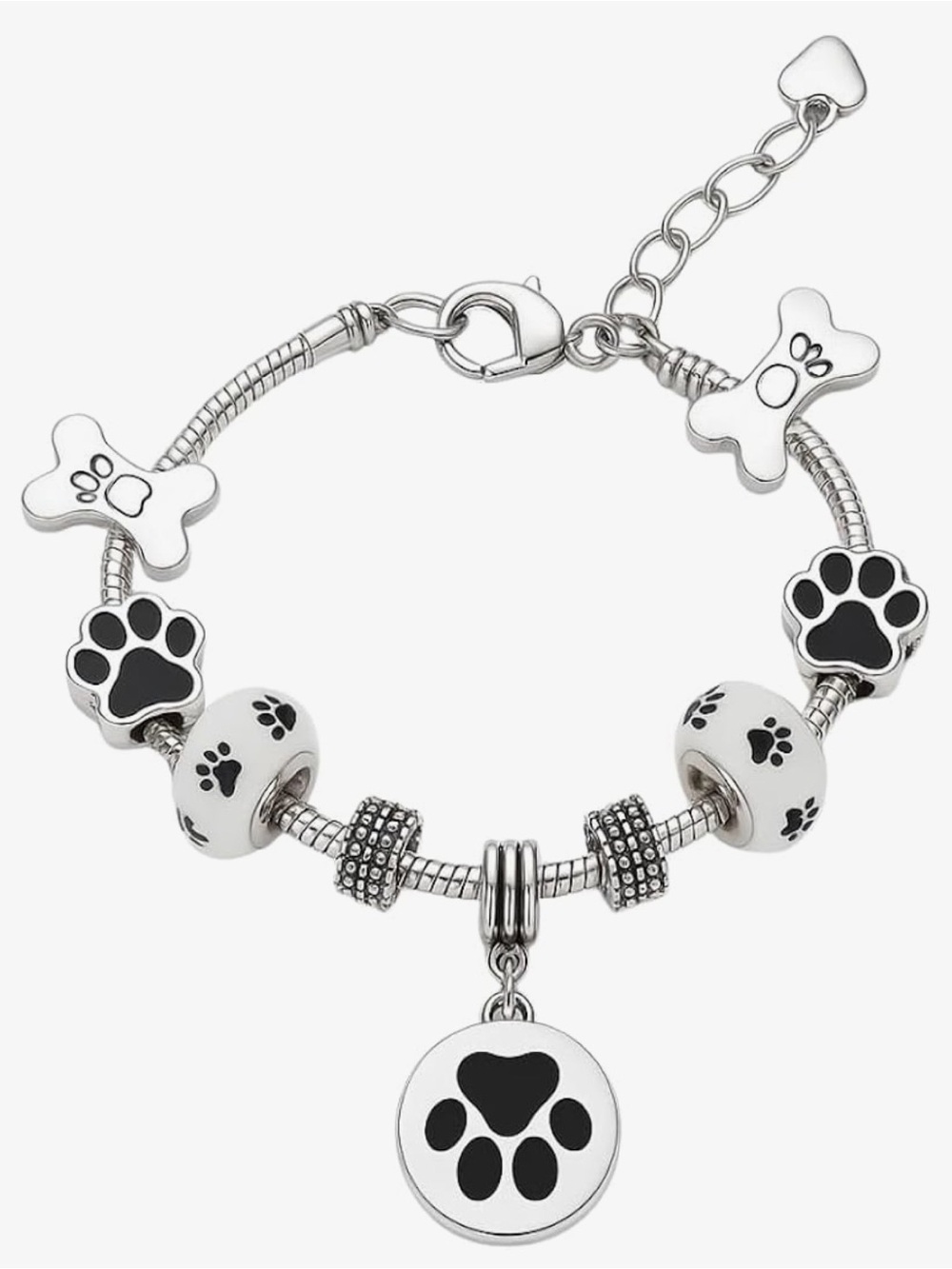 Silver Paw Print Charm Bracelet with White Beads